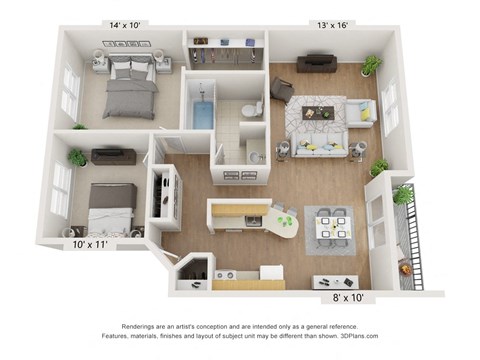 Floor plan for 2 beds, 1 bath, 880 sqft